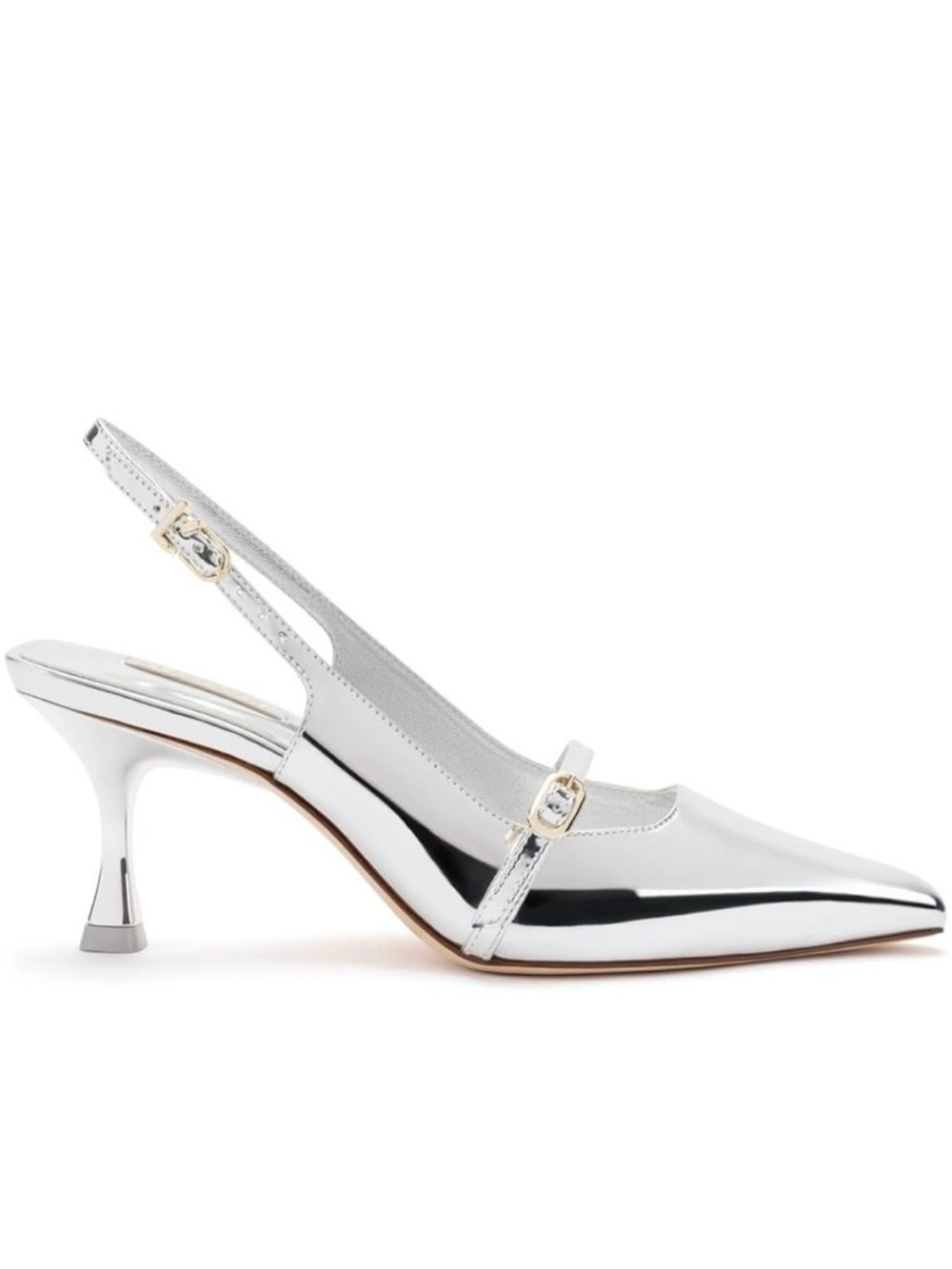 New Larroude Metallic Silver Pointed Slingback Heels with Buckle Detail
